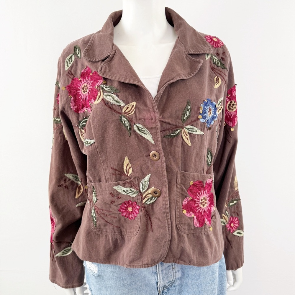 Passports Brown Beaded Jacket Size XL Floral Embroidery V-Neck Boho Artsy Casual - Picture 1 of 12